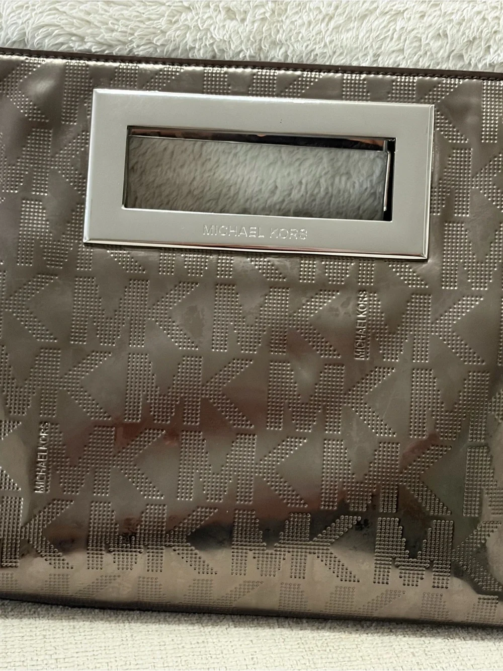Michael Kors Metallic Taupe Logo-Embossed Wristlet Clutch with Silver Hardware